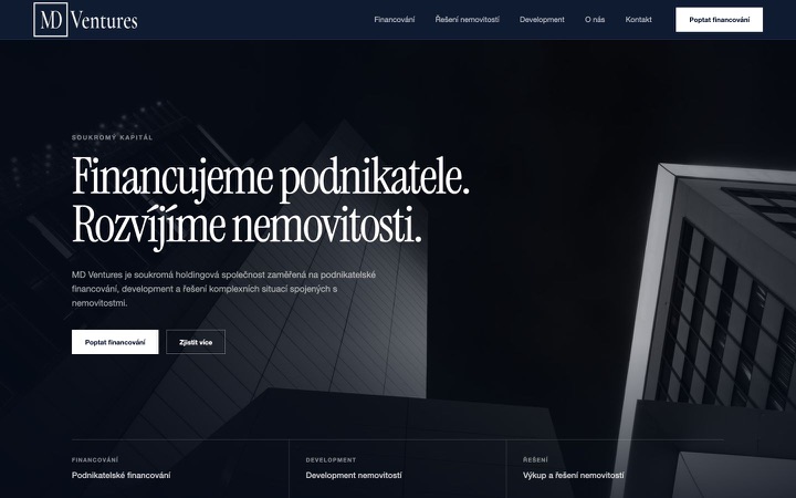 Desktopový náhled úvodní obrazovky webu MD Ventures